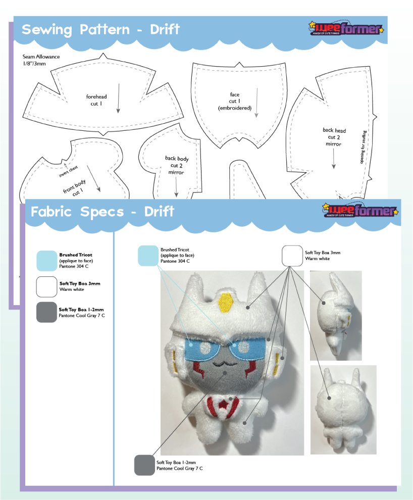 Mini Drift sewing pattern and fabric specification sheet.